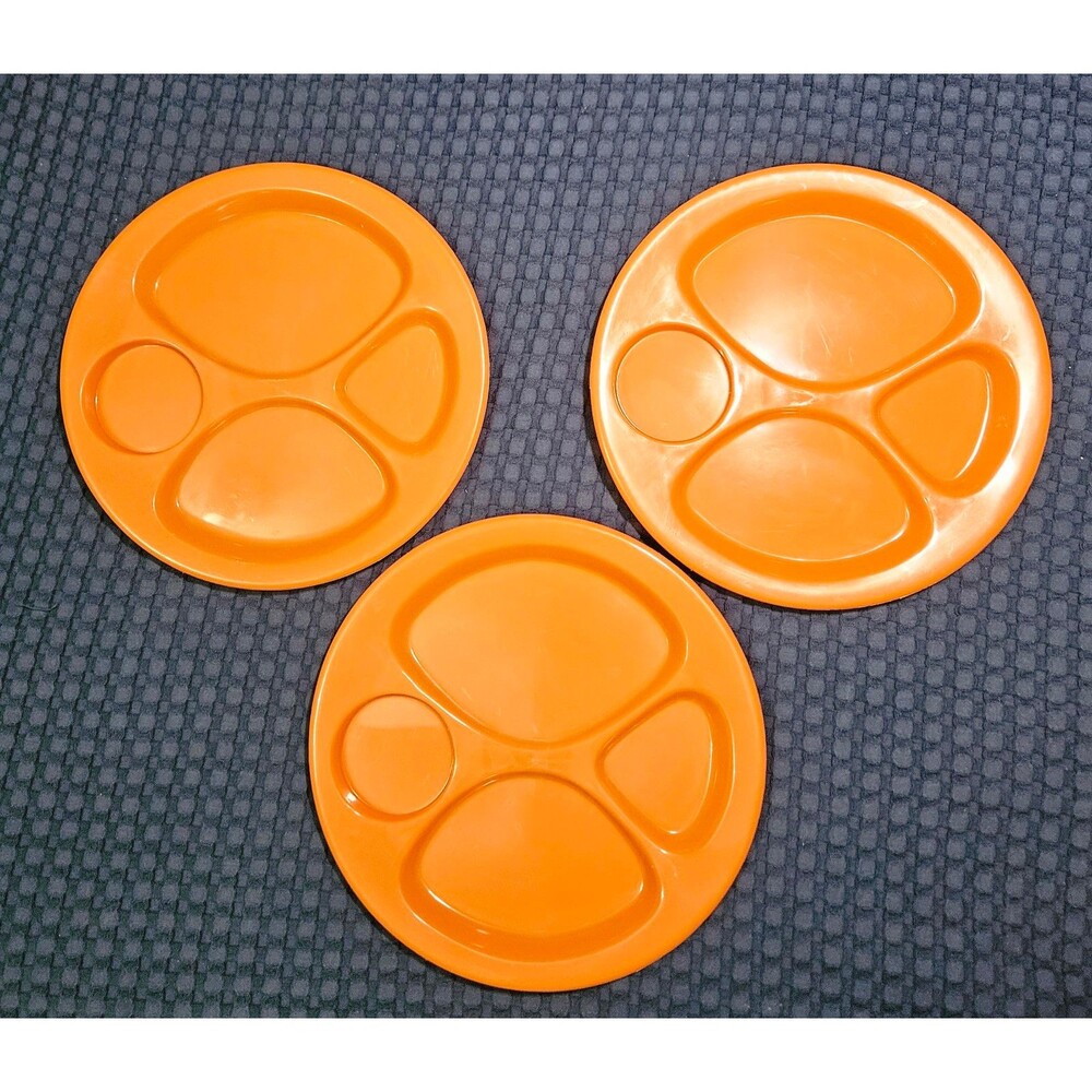 Vintage 1970s Orange Divided Cafeteria Plates Set of 3 11" inch.